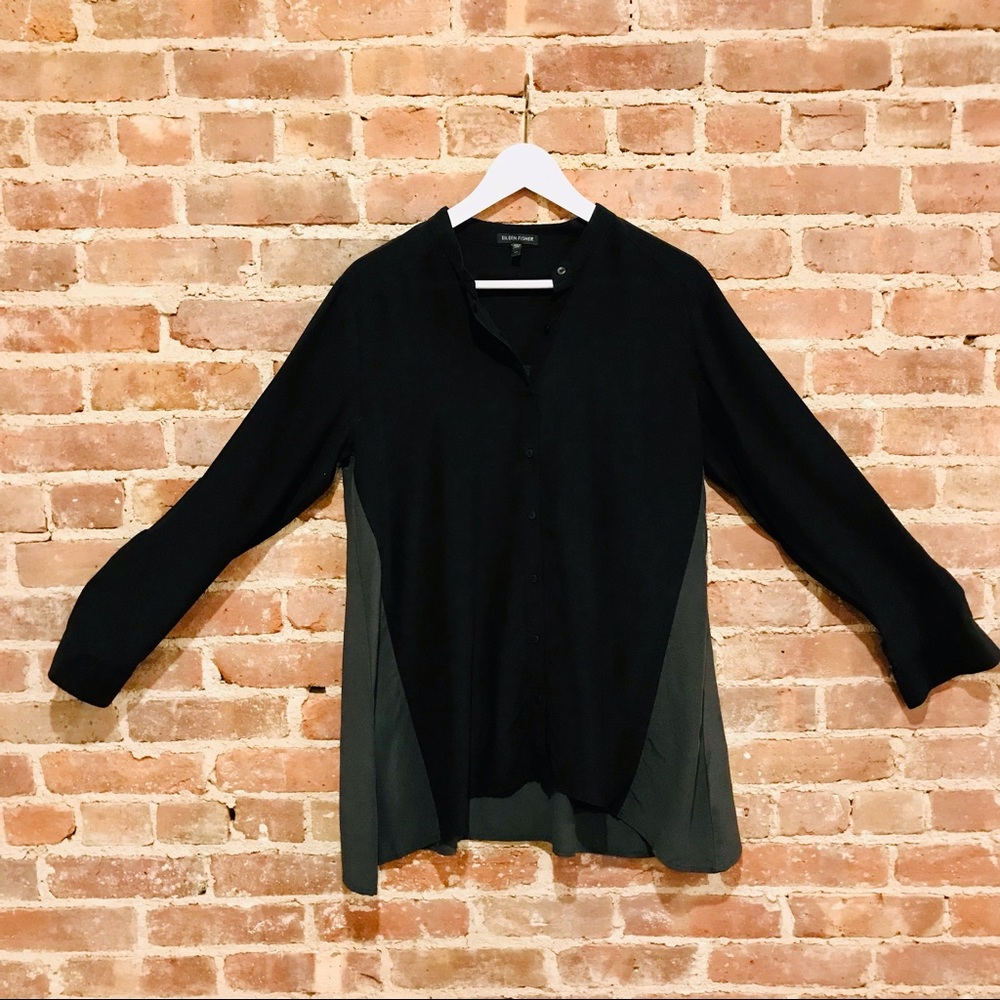 Eileen Fisher black and grey silk button-down shirt. Size XS. NWOT - Picture 7 of 11